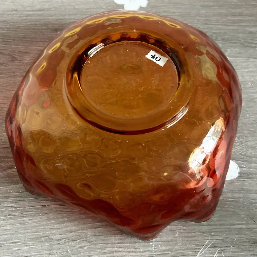 Antique Amberina Rose Amber Thumprint Art Glass Ruffle Edge Serving / Fruit Bowl